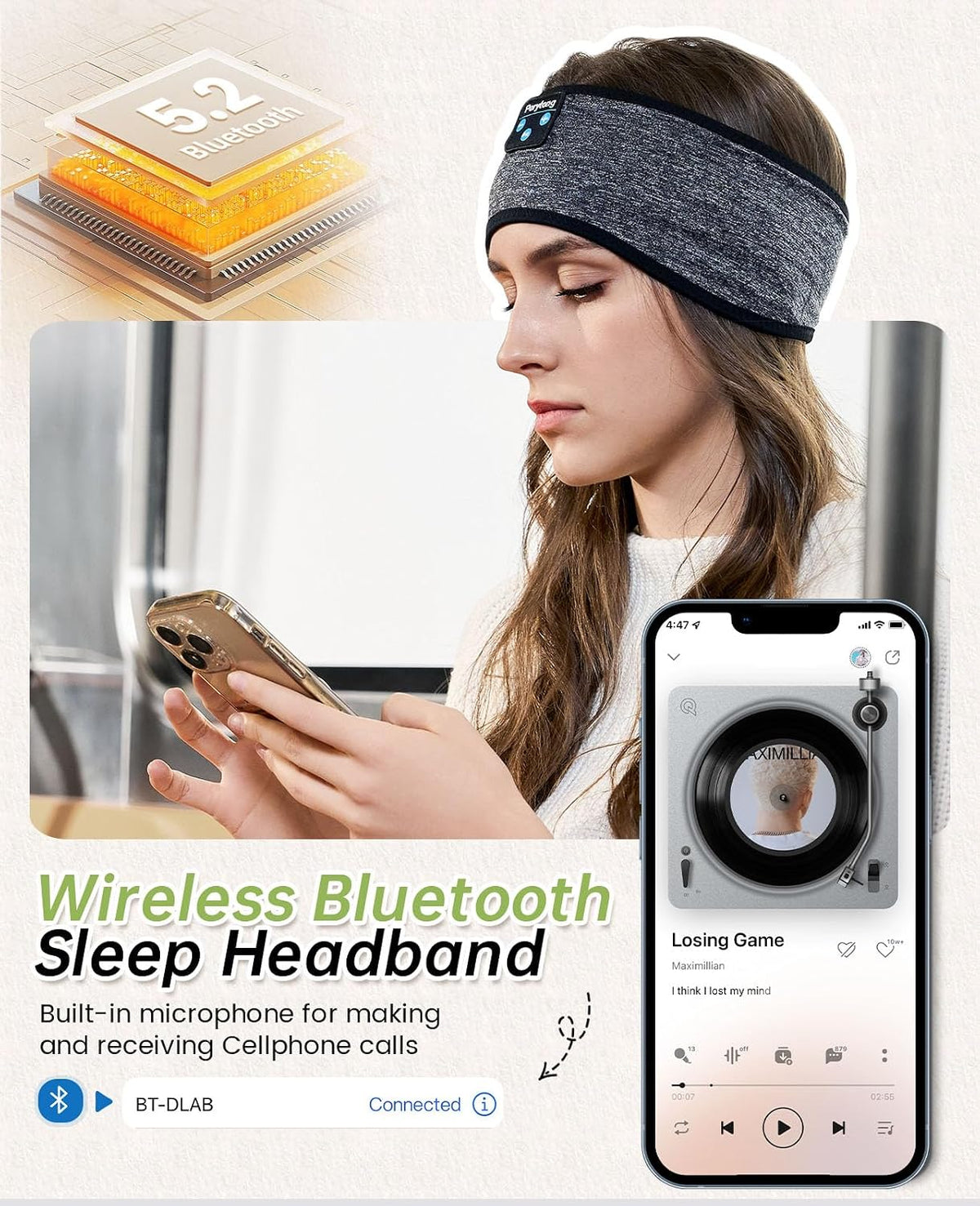 Bluetooth Sleep Headband for Side Sleepers – Soft Wireless Headphones